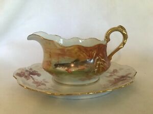 ̵ۥåʡĴƫƥμ졼ӡܡȥ⡼եźղĥ㥹ANTIQUE HAND PAINTED FISH GRAVY BOAT LIMOGES FRANCE ATTACHED UNDERPLATE GORGEOUS