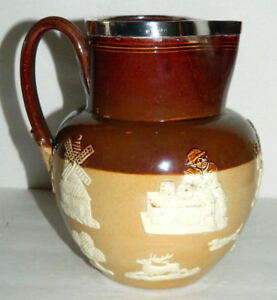 ̵ۥåʡĴƫɥ󡦥٥ϥȥԥå㡼㥰󥰡С1898 Doulton Lambeth Hunt 7 5/8 Pitcher / Jug #2801 w/ Sterling Silver Rim