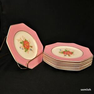 【送料無料】キッチン用品・食器・調理器具・陶器　リーガルウェアランチョンプレート面手塗装ピンクバラゴールドRegal Ware 9 Luncheon Plates 8-Sided Hand Painted Pink Roses w/Gold 1921-1925