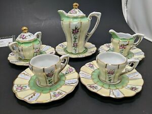 ̵ۥåʡĴƫ⡼ƥåȥե꡼󥴡ɥץååɥϥɥڥLimoges Tea Set Floral Rose Green Gold espresso Lids Saucers Hand Painted