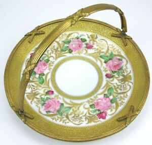 ̵ۥåʡĴƫեȡ⡼ΥХ饪åɥץ졼ȥХåȥɥAhrenfeldt Limoges Hand-Painted Roses Orchids Plate Basket Gold Encrusted Signe