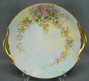 ̵ۥåʡĴƫ⡼ϥɥڥȽ̾դåȥԥ󥯥ۥ磻ȥɥץ졼Limoges Hand Painted Signed Sherratts Pink & White Roses & Gold Cake Pla