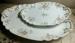 ̵ۥåʡĴƫ⡼ե󥹤ĤΥۥƥåƥӥ󥰥ץåԥ󥯥ХGDA Limoges France two scalloped edge Antique Serving Platters Pink Roses