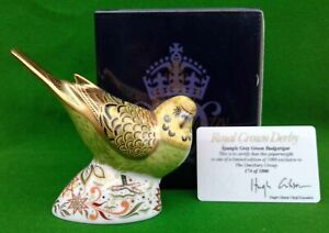 ̵ۥåʡĴƫ륯饦ӡѥ󥰥륰졼꡼ХꥬɡܥåROYAL CROWN DERBY, SPANGLE GREY GREEN BUDGERIGAR, GOLD, BOXED - LIMITED EDITI