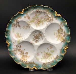 ̵ۥåʡĴƫʥϥӥɡ⡼塦ץ졼ȥƥ르ɥեС꡼ѥˡStunning Haviland Limoges Oyster Plate Teal & Gold for Burley & C