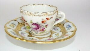 ̵ۥåʡĴƫƥޥ󥴡ɲֲ֤β֤β֥ǥߥååץANTIQUE MEISSEN GOLD ENCRUSTED FLORAL FLOWER BOUQUET DEMITASSE CUP & SAUCER