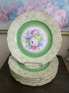 ̵ۥåʡĴƫơܥإߥХåȥǥʡץ졼ȥ꡼󥴡ɥեVintage Bohemia Czechslovakia Set Of 6 Dinner Plate Green Gold Flowers Roses