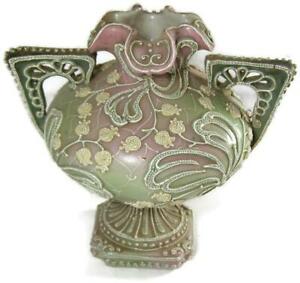 【送料無料】キッチン用品・食器・調理器具・陶器　アンティーク日本グリーンピンクモリエジフローラルツーハンドル球根花瓶Antique Nippon Green &amp; Pink Moriage Floral Two Handle Bulbous Vase