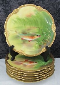 ̵ۥåʡĴƫƥ͡ȥ⡼ץ졼(7) Antique Coronet Limoges Hand-painted Porcelain Fish Plates