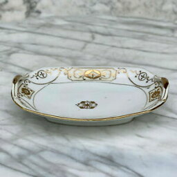 【送料無料】キッチン用品・食器・調理器具・陶器　アンティーク日本アールデコ磁器製ホワイトゴールドオリーブ調味料プレートディッシュAntique Nippon Art Deco Porcelain White Gold Olive Condiment Serving Plate Dish