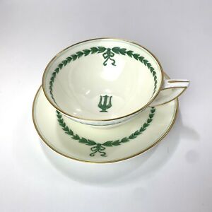 ̵ۥåʡĴƫߥȥ饤륰꡼ƥåפȥϡץ꡼ϥɥMinton Lyre Green Tea Cup With Saucer Harp Wreath D Handle