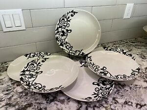 ̵ۥåʡĴƫåȥեեǥʡץ졼ȥ֥åۥ磻Lot 6 222 Fifth 11 Dinner Plates Rococo Black & White EUC