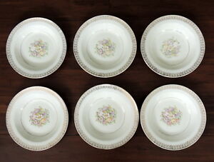 ̵ۥåʡĴƫɥΥ륺㥤ʼҥåȥ֥ܥ르ɥե륻ߥȥ쥦Edwin M Knowles China Co. Set Of 6 Bowls GOLD Rimmed Floral Semi Vitreous