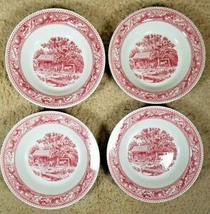 【送料無料】キッチン用品・食器・調理器具・陶器　ヴィンテージスープボウルメモリレーンレッドトランスファーウェアロイヤルアイアンストーン4 Vintage 1965 Soup Bowls 8.5 Memory Lane Red Transferware Royal Ironstone