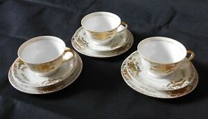 【送料無料】キッチン用品・食器・調理器具・陶器　ノリタク・モリ中国トリオティーセット金色花のバスケットNoritake Mori China 3x Trio Tea Set Gold Encrusted Basket of Flowers 1925