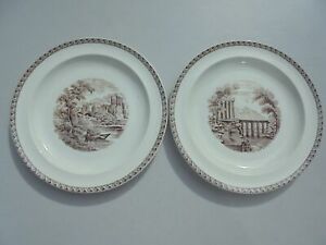 ̵ۥåʡĴƫƥååɥ֥饦ȥ󥹥եǥʡץ졼ȥް2 Antique Wedgwood Brown Transferware Dinner Plates w Roman Ruins 10 1/8