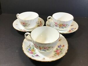 ̵ۥåʡĴƫߥȥޡեåȥȥåץҡåץ꡼Хå3 Minton Marlow Flat Top Coffee Cups Saucers Wreath Backstamp