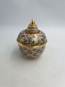 キッチン用品・食器・調理器具・陶器　ベンジャロンタイ磁器瓶ポットダブルリングポインティハンド塗装花ゴールドBenjarong Thailand Porcelain Jar Pot Double Ring Pointy Hand Painted Floral Gold