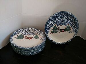 ̵ۥåʡĴƫΥƥ󥷥ǥʡץ졼ȥݥ󥸥ǥեեȥӥΥåLot of 9 Folk Craft Cabin in the Snow Tienshan 10.25 Dinner Plates Spongeware
