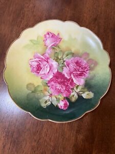 ̵ۥåʡĴƫ⡼ϥɥڥȥƥԥ󥯤ΥХ饤꡼ץ졼Limoges Hand Painted Signed Antique Pink Roses W/Yellow & Green 9 1/4 Plate