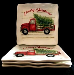 【送料無料】キッチン用品・食器・調理器具・陶器　マックスセラクリスマスホリデーディナープレートレッドトラックツリーセットMaxcera Christmas Holiday Dinner Plates Set of 4 Red Truck Tree NEW!