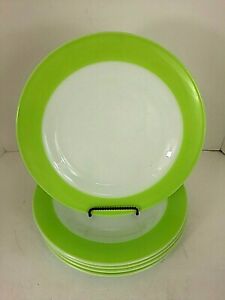 ̵ۥåʡĴƫǥʡץ졼ȥ饤॰꡼ۥ磻ȥꥢߥåɥ꡼ΥåPYREX Dinner Plates Lime Green Rim White Clear 10 Set of 5 Mid Century Excellen