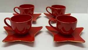 ̵ۥåʡĴƫꥢॺΥޥåȥ֥åɡ֥סץۥǡץ쥹åפȥWilliams-Sonoma Set Of 4 Red 'Star Shaped Holiday Expresso Cups And Saucers
