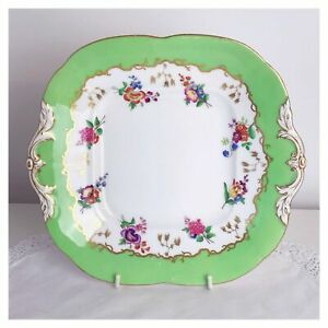 ̵ۥåʡĴƫƥߥȥѥޤϥץ졼ȡФȼβ֡ǯAntique Minton bread or cake plate, green and handpainted flowers, dated 1850