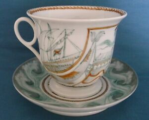【送料無料】キッチン用品・食器・調理器具・陶器　リモージュ磁器ラージカップソーサー帆船魚海手塗装署名LIMOGES PORCELAIN LARGE CUP & SAUCER SAILING SHIP FISH SEA HAND PAINTED SIGNED