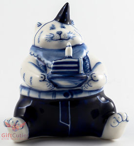 【送料無料】猫　ネコ　キャット　置物　ロシアバースデーケーキgzhel russian handpainted porcelain figurine big fat lazy cat w birthday cake