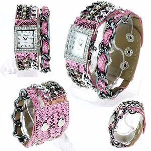 【送料無料】geneva diva womens pink reptile leather heavy chain bracelet watch