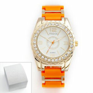 ̵studio time goldtone sparkly crystal lightweight orange watch st...