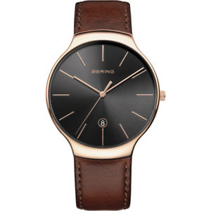 【送料無料】bering classic 13338562 herrenuhr edelstahl rose leder braun neu
