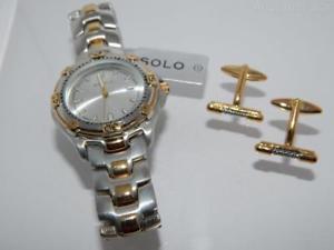 【送料無料】solo mens quartz battery bicolor date bracelet watch ,with matching cufflinks