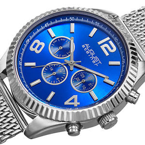 【送料無料】mens august steiner as8196ssbu two time zone date tachymeter steel mesh watch