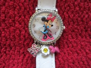 ̵silver minnie mouse watch with bling and 3 charms dangling at bottom nwot in box