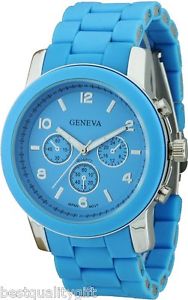 【送料無料】 geneva torquoise blue silicone wrapped metal chronograph watch