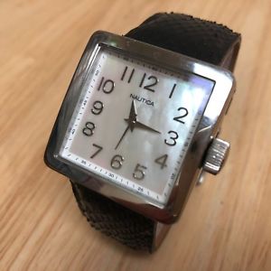 ̵nautica n17500l lady steel leather square mop analog quartz watch hour~ batte