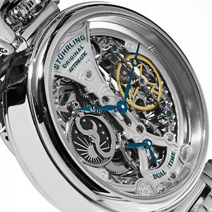【送料無料】stuhrling mens special reserve 797 automatic wind skeleton dual time ampm watch