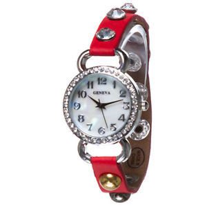 【送料無料】red leather crystal studded ladies fashion watch