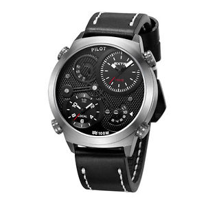 ̵extri pilot acciaio inox quarzo fuso orario datario nero pelle orologio uomo