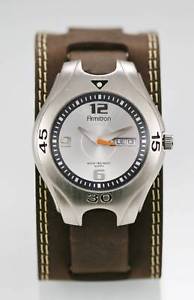 【送料無料】armitron watch men white day date stainless silver 50m brown wide leather quartz