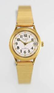 【送料無料】helbros white womens stainless steel gold date quartz battery easy read watch