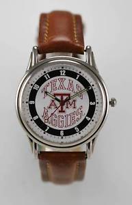 【送料無料】texas aggies logo watch mens water resist stainless silver leather brown quartz