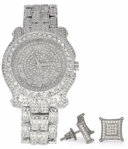 【送料無料】mens iced out techno pave watch earring combo set silver tone rapper hip hop 【送料無料】mens iced out techno pave watch earring combo set silver tone rapper hip hop