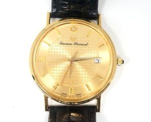 【送料無料】mens lucien piccard swiss quartz date 34mm 18kt solid gold case wrist watch