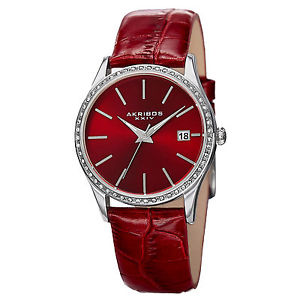 【送料無料】womens akribos xxiv ak883rd swarovski crystal bezel red leather strap watch