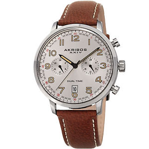 【送料無料】 model mens akribos xxiv ak1023ssbr chronograph tan leather strap watch