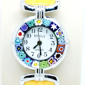 ̵murano glass quartz watch from venice with millefiori and yellow strap