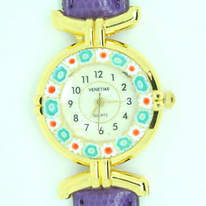 【送料無料】murano glass quartz watch from venice with millefiori and purple strap